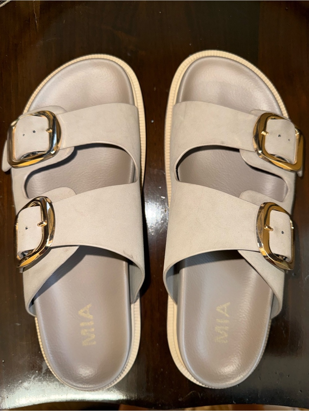 Mia Gen Sandal- taupe with gold buckles